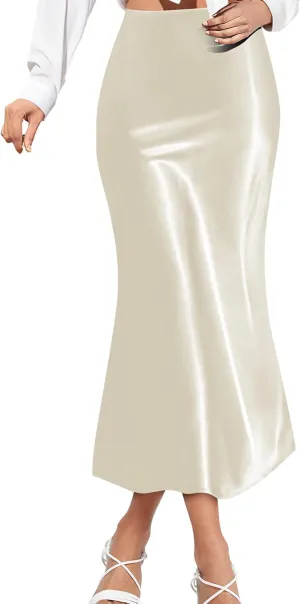 Satin Skirts for Women Trendy, High Waisted Womens Skirts Midi Long Length, Elegant Zipper Flared Elastic A-line Silk Skirts