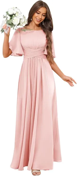 Scoop Neck Bridesmaid Dresses for Women Short Flutter Sleeve Chiffon Pleated Formal Dress