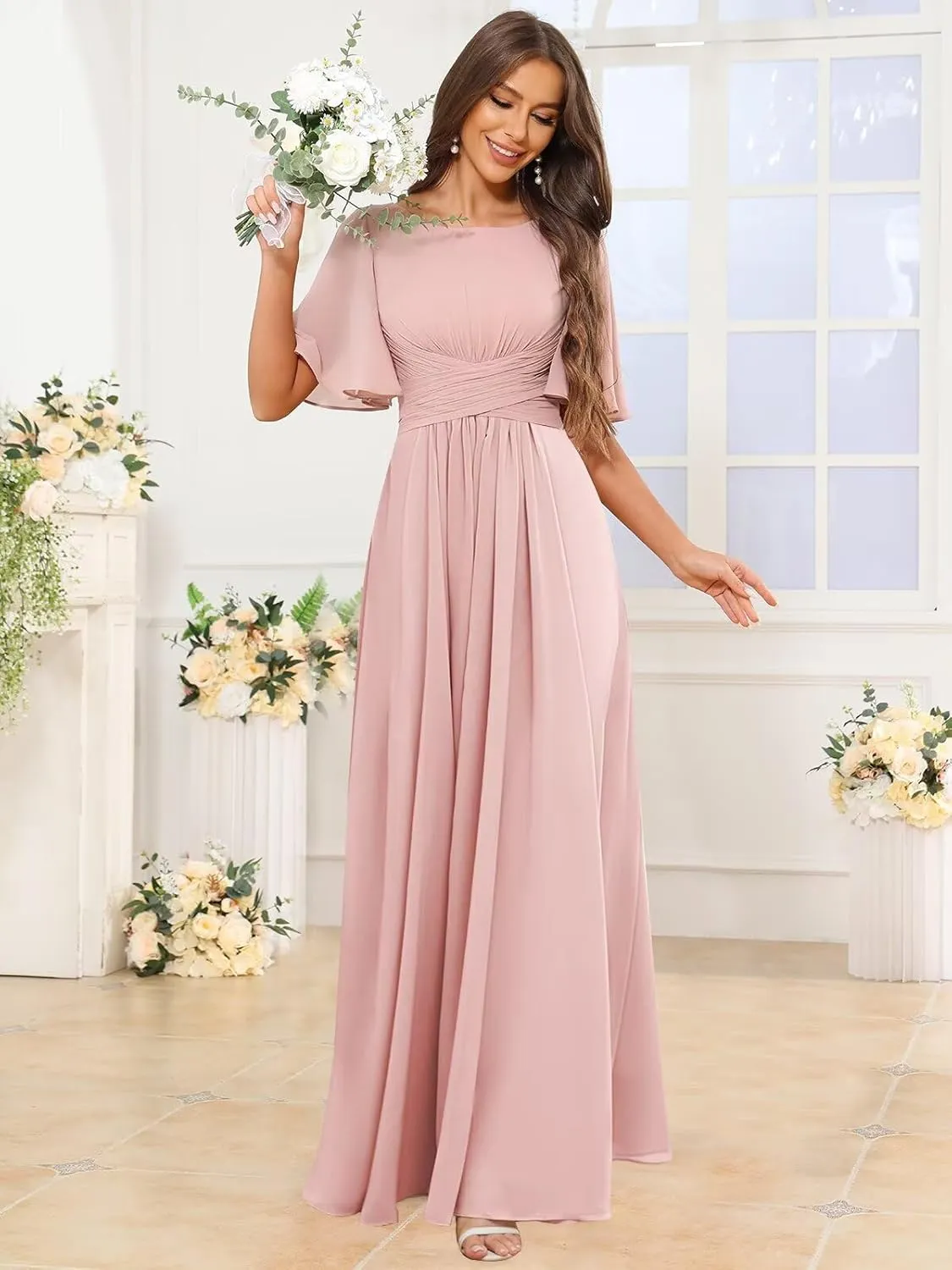 Scoop Neck Bridesmaid Dresses for Women Short Flutter Sleeve Chiffon Pleated Formal Dress