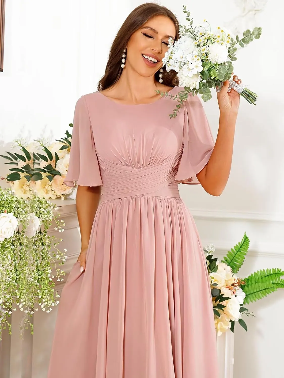 Scoop Neck Bridesmaid Dresses for Women Short Flutter Sleeve Chiffon Pleated Formal Dress