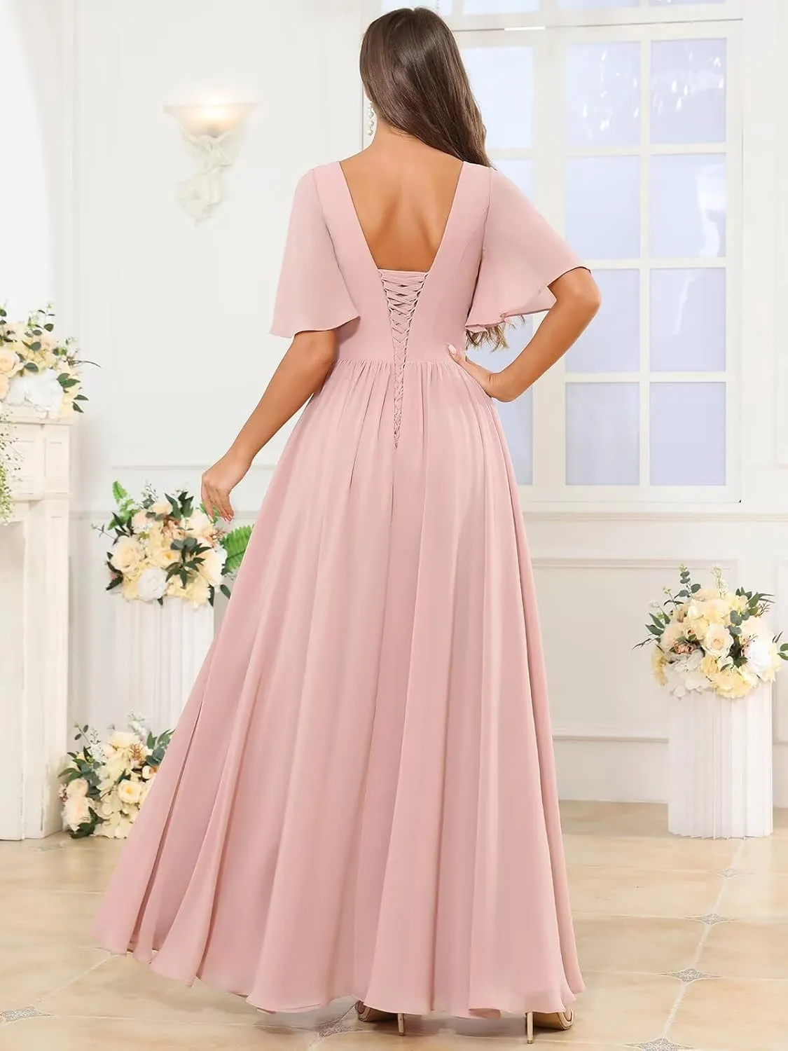 Scoop Neck Bridesmaid Dresses for Women Short Flutter Sleeve Chiffon Pleated Formal Dress