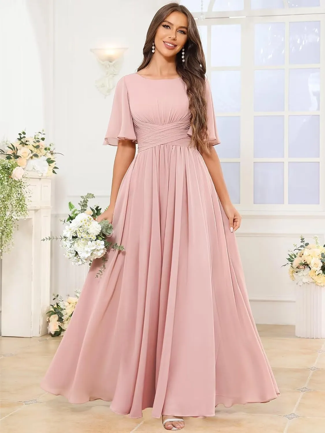 Scoop Neck Bridesmaid Dresses for Women Short Flutter Sleeve Chiffon Pleated Formal Dress