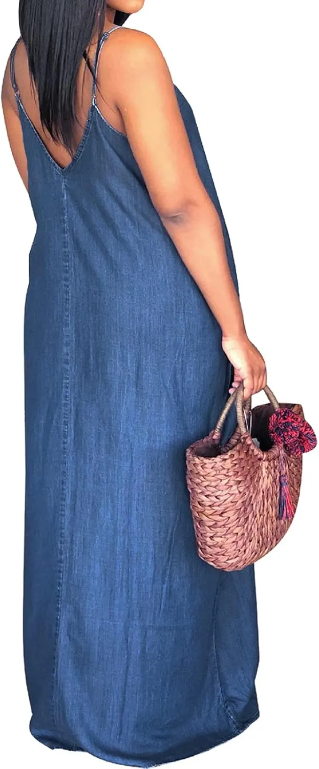 SeNight Women's Sexy Maxi Denim Dresses Casual Spaghetti Strap Striped Long Sundress Wiht Pockets