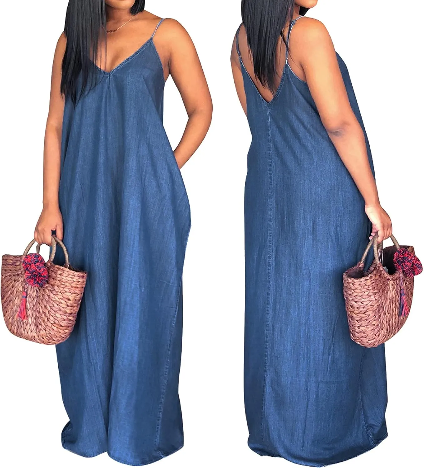 SeNight Women's Sexy Maxi Denim Dresses Casual Spaghetti Strap Striped Long Sundress Wiht Pockets