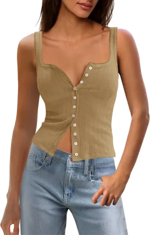 SENSERISE Womens Camisole Tank Tops Going Out Top Sleeveless Ribbed Button Shirts Tight Basic Summer Outfits