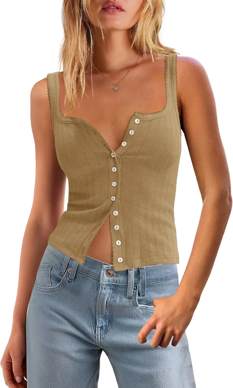 SENSERISE Womens Camisole Tank Tops Going Out Top Sleeveless Ribbed Button Shirts Tight Basic Summer Outfits