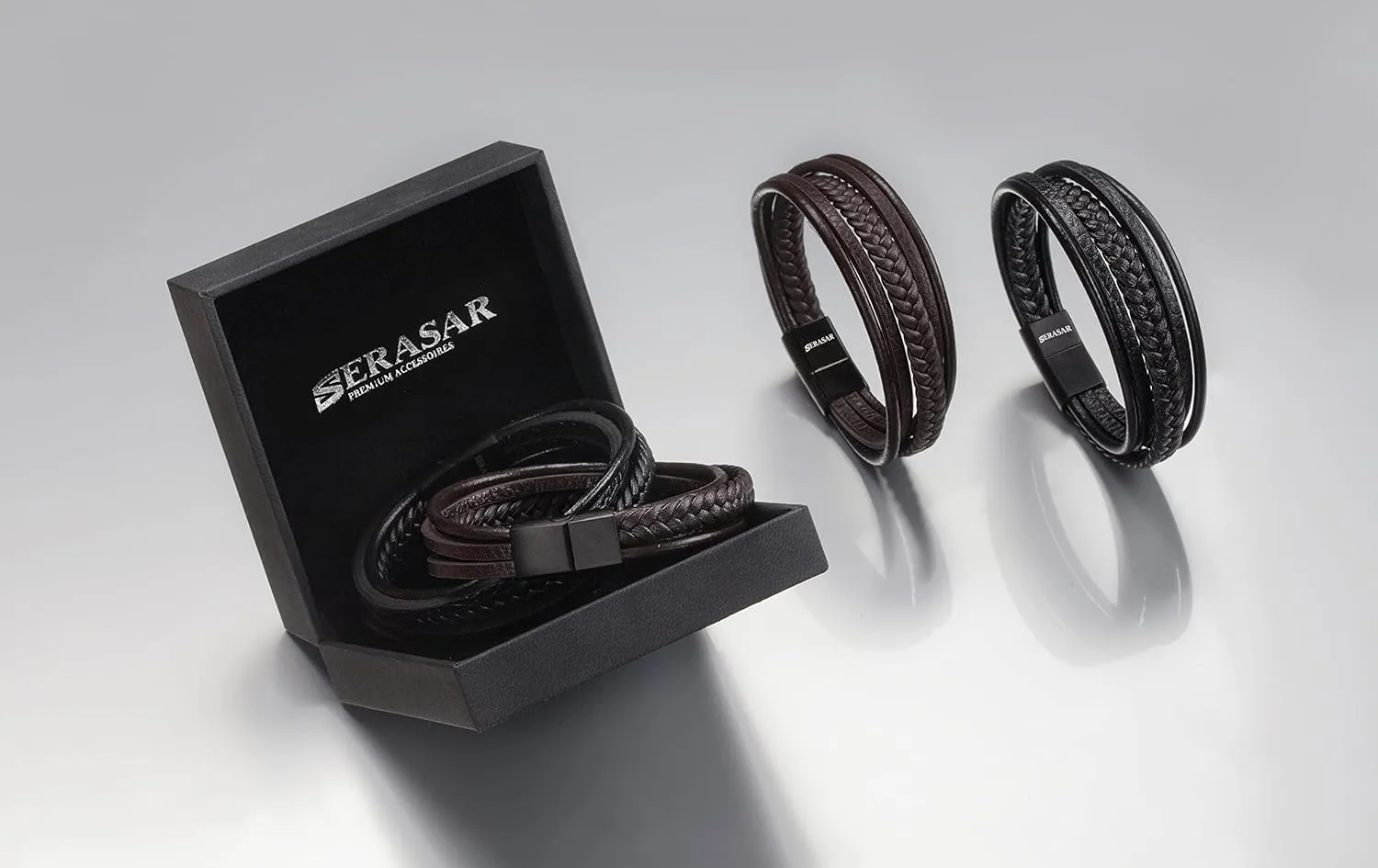 SERASAR | Premium Leather Bracelet [Braid] for Men in Black & Brown | Various Lengths | Magnetic Stainless Steel Clasp | Exclusive Jewellery Box | Great Gift Idea for Men