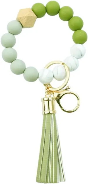 Sewroro Silicone Key Ring Bracelets Wristlet Keychain Silicone Beads Bracelet Key Chains with Tassel for Women(Green)