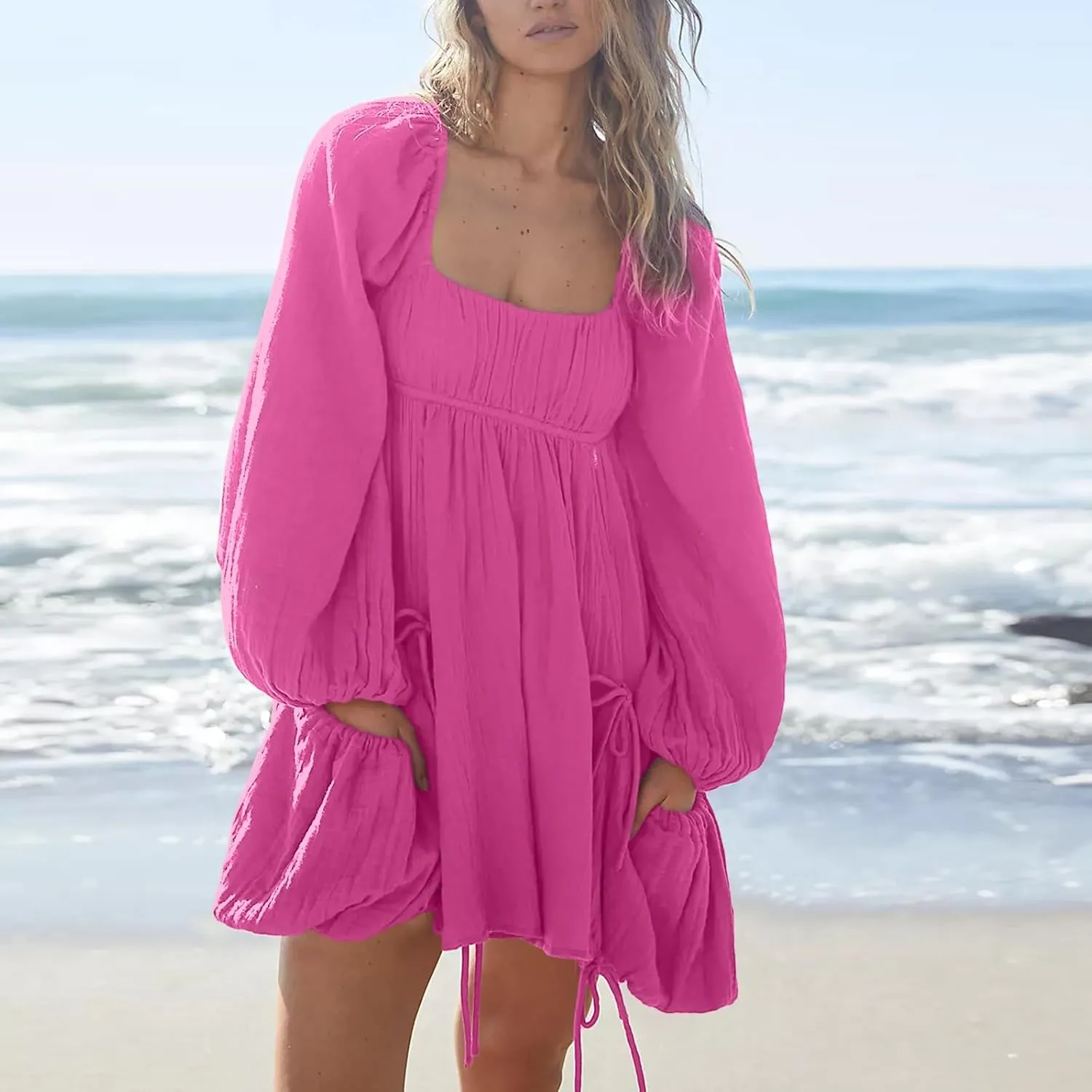 Shiyifa Women's Summer Mini Dress Casual Square Neck Long Sleeves Loose Sundress with Pockets