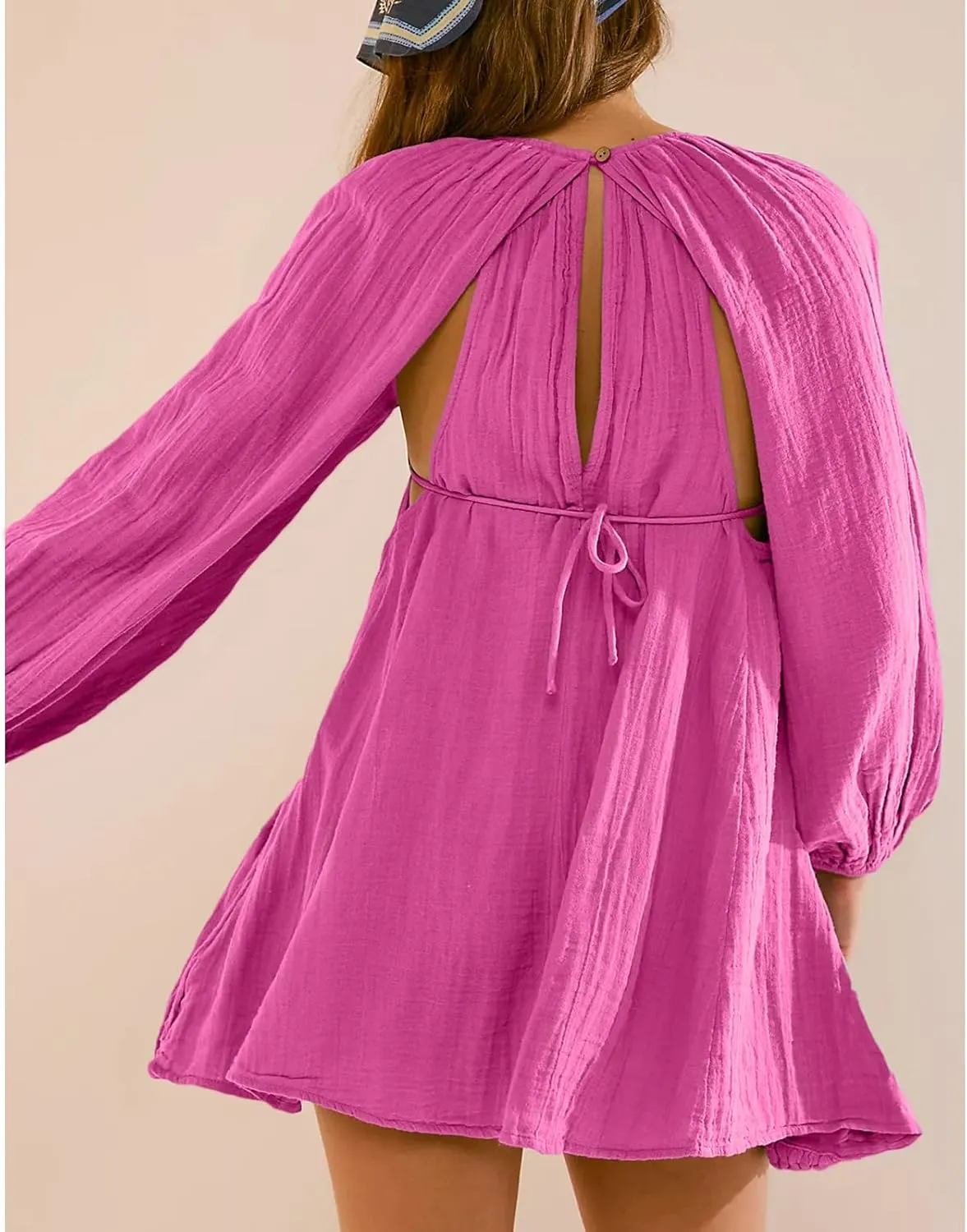 Shiyifa Women's Summer Mini Dress Casual Square Neck Long Sleeves Loose Sundress with Pockets