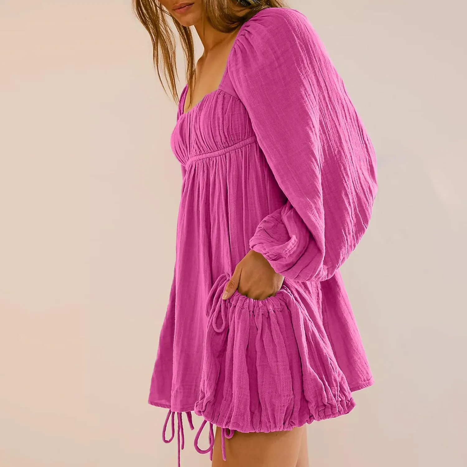 Shiyifa Women's Summer Mini Dress Casual Square Neck Long Sleeves Loose Sundress with Pockets