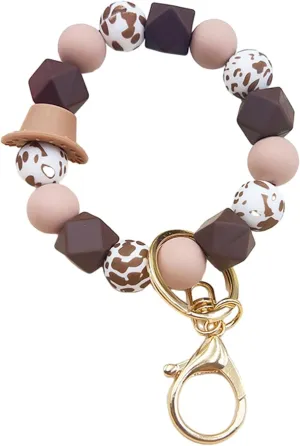 Silicone Bead Bracelet Keychain for Women, Hat Leopard Silicone Bracelet, Beaded Keyring Wristlet Key Holder