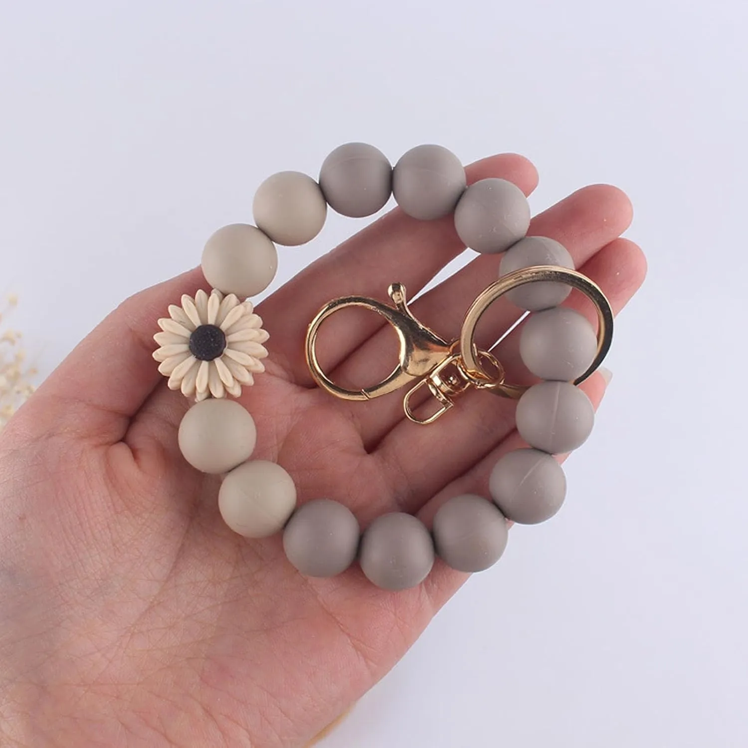 Silicone Bead Keychain Bracelet,Daisy Rose Flower Beaded Bracelet Bangle,Key Ring Bracelet Wristlet for Women
