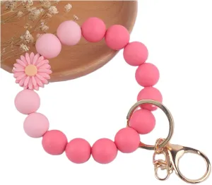 Silicone Bead Keychain Bracelet,Daisy Rose Flower Beaded Bracelet Bangle,Key Ring Bracelet Wristlet for Women