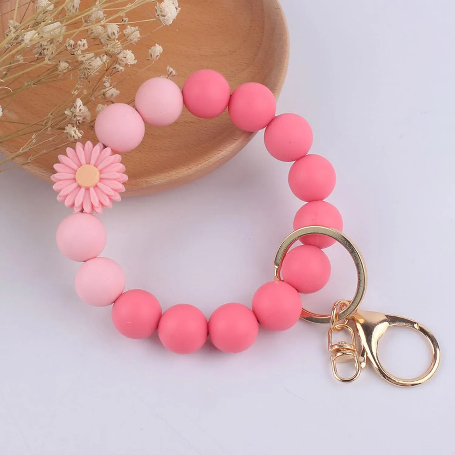 Silicone Bead Keychain Bracelet,Daisy Rose Flower Beaded Bracelet Bangle,Key Ring Bracelet Wristlet for Women