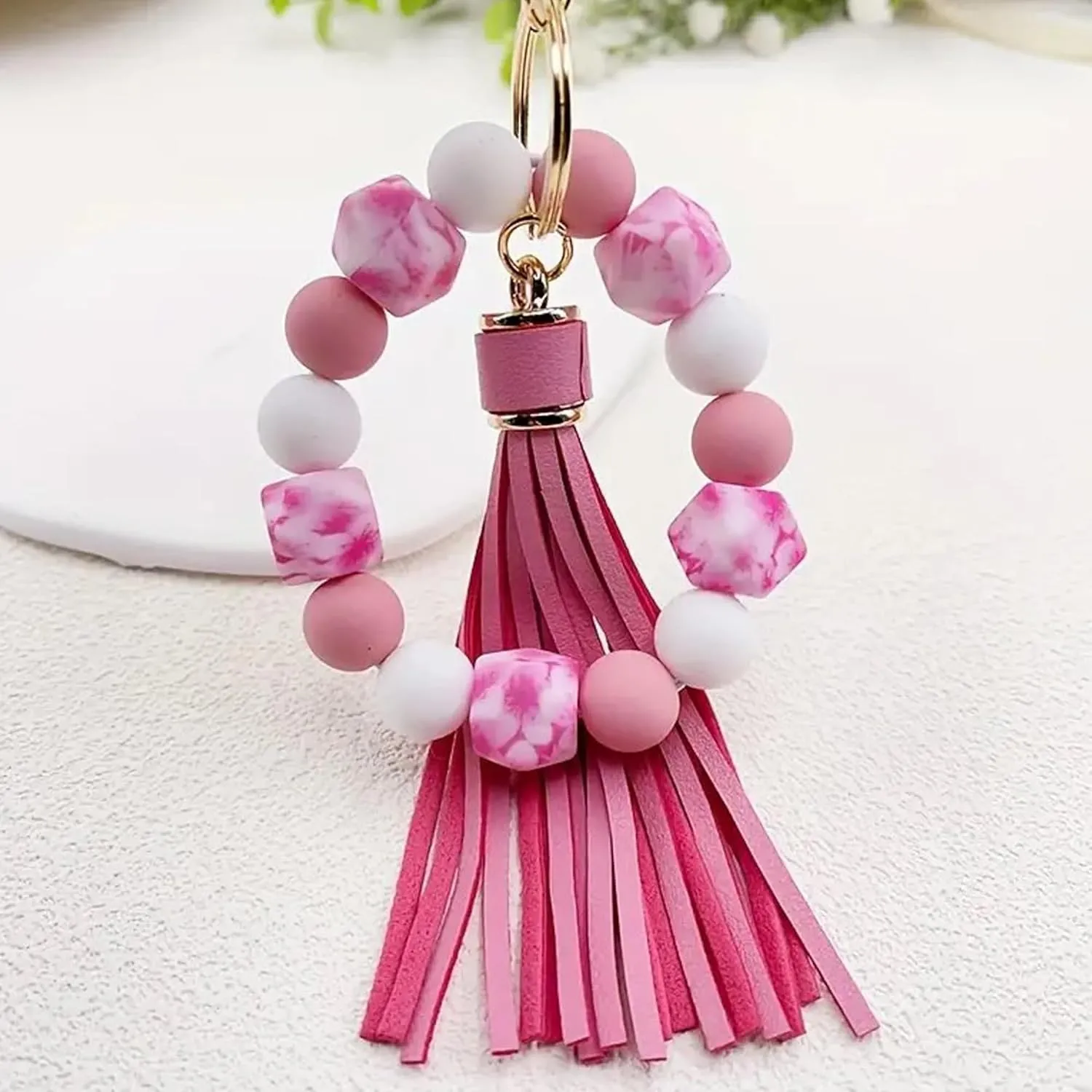 Silicone Beaded Keychain Bracelet Key Ring with Leather Tassel,Leopard Key Chain Holder Wristlet Bangle for Women