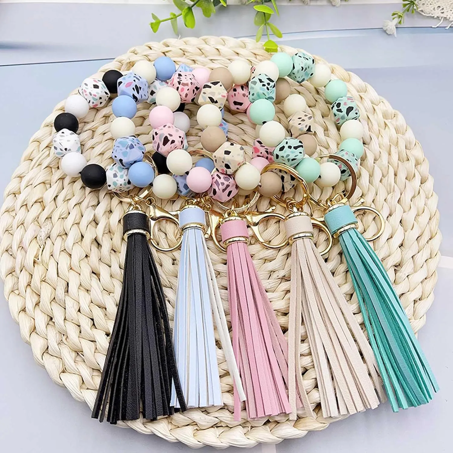 Silicone Beaded Keychain Bracelet Key Ring with Leather Tassel,Leopard Key Chain Holder Wristlet Bangle for Women