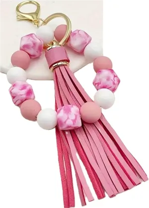 Silicone Beaded Keychain Bracelet Key Ring with Leather Tassel,Leopard Key Chain Holder Wristlet Bangle for Women
