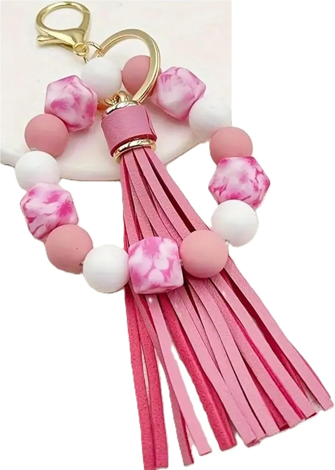 Silicone Beaded Keychain Bracelet Key Ring with Leather Tassel,Leopard Key Chain Holder Wristlet Bangle for Women