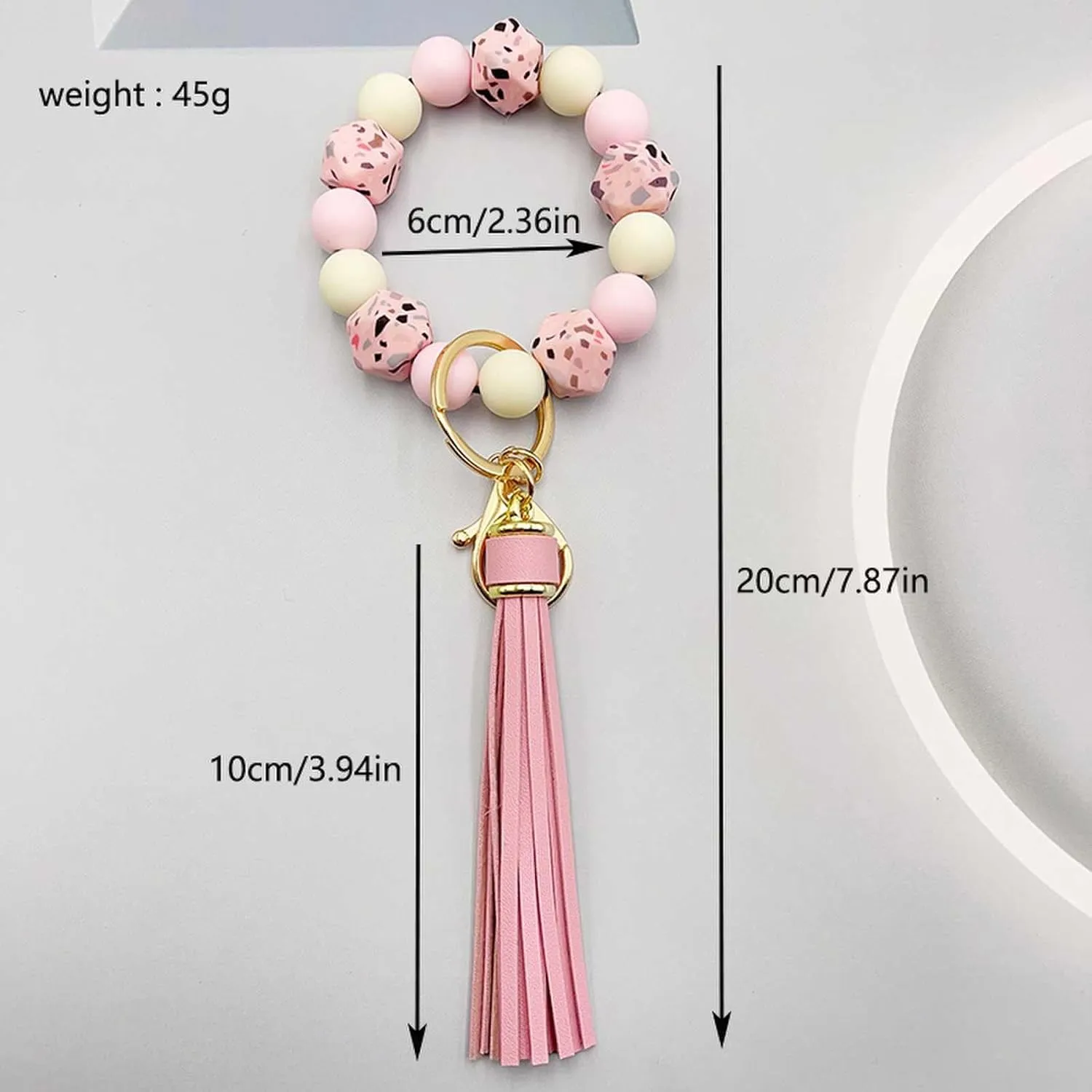 Silicone Beaded Keychain Bracelet Key Ring with Leather Tassel,Leopard Key Chain Holder Wristlet Bangle for Women