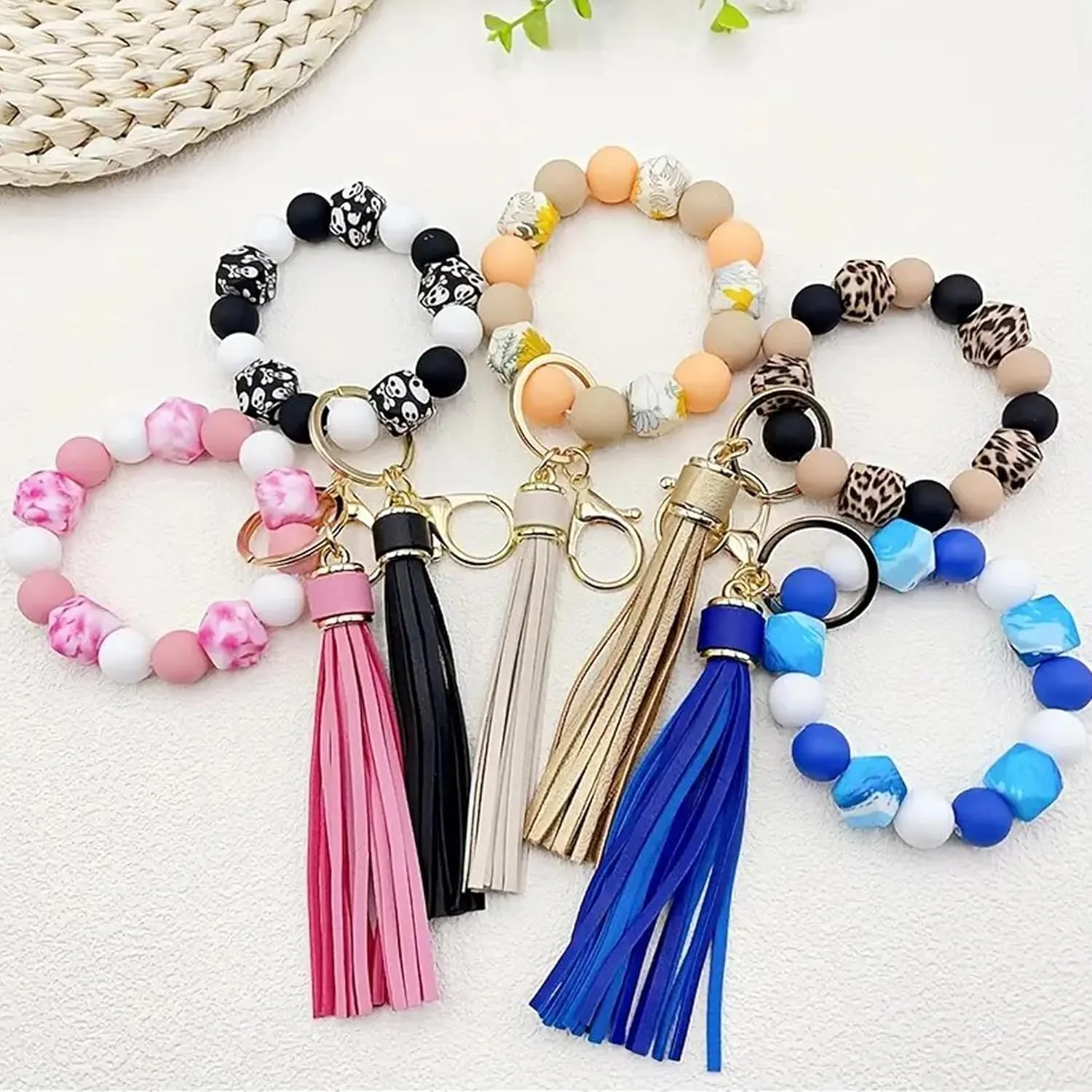 Silicone Beaded Keychain Bracelet Key Ring with Leather Tassel,Leopard Key Chain Holder Wristlet Bangle for Women