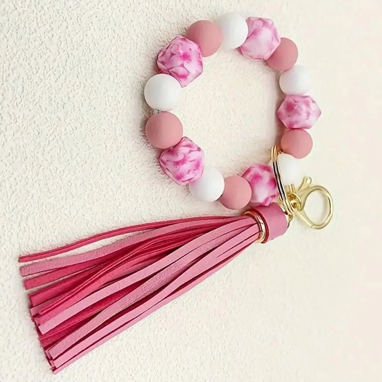 Silicone Beaded Keychain Bracelet Key Ring with Leather Tassel,Leopard Key Chain Holder Wristlet Bangle for Women