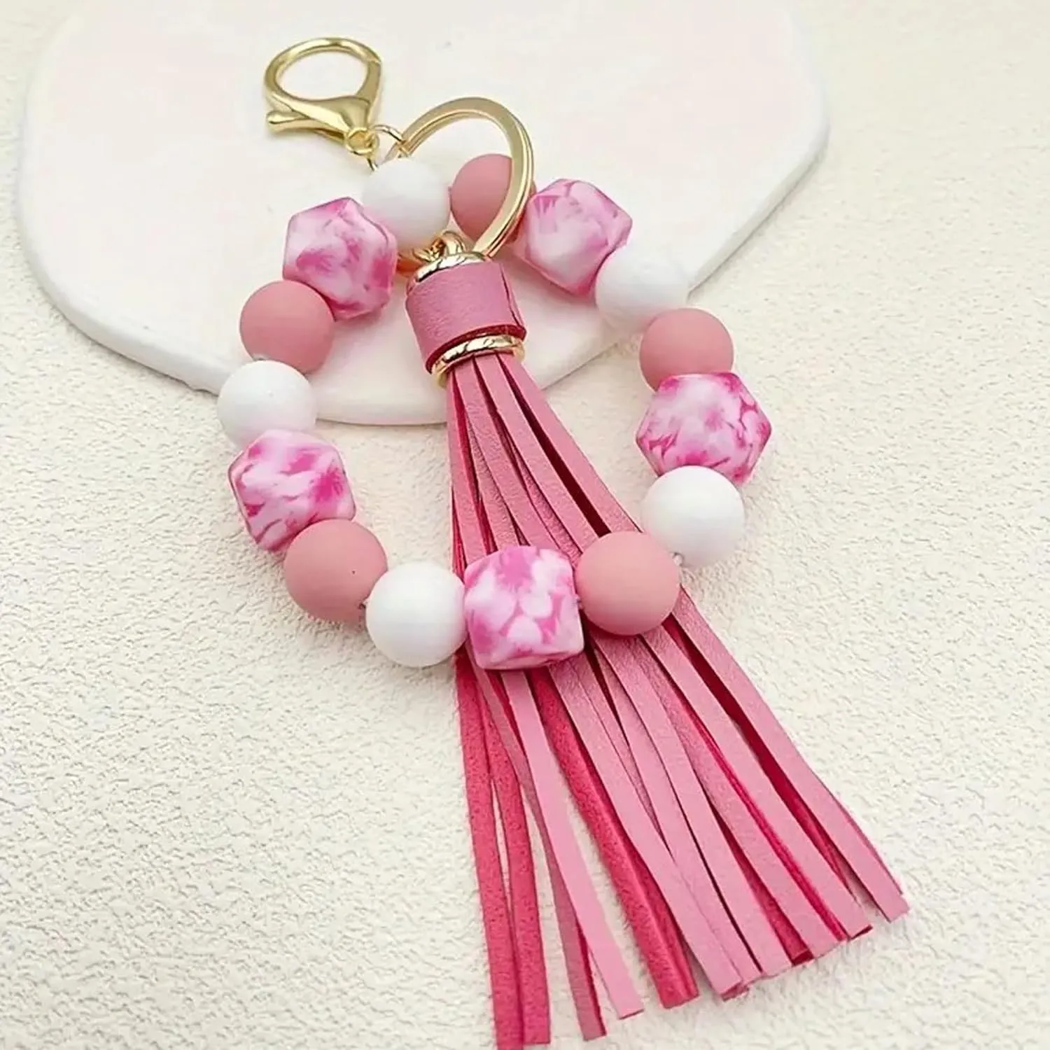 Silicone Beaded Keychain Bracelet Key Ring with Leather Tassel,Leopard Key Chain Holder Wristlet Bangle for Women