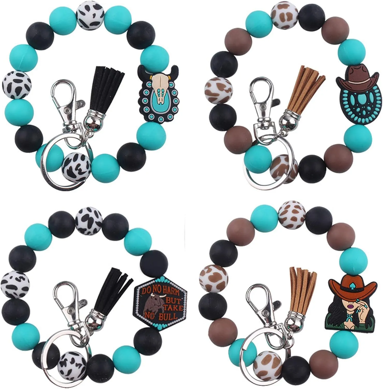 Silicone Beaded Turquoise Bracelet Keychains, Cowboy Bull Key Ring Keychain Wristlet Bangle Car Key Holder for Women