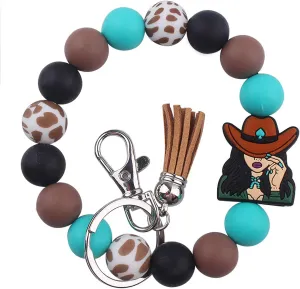 Silicone Beaded Turquoise Bracelet Keychains, Cowboy Bull Key Ring Keychain Wristlet Bangle Car Key Holder for Women