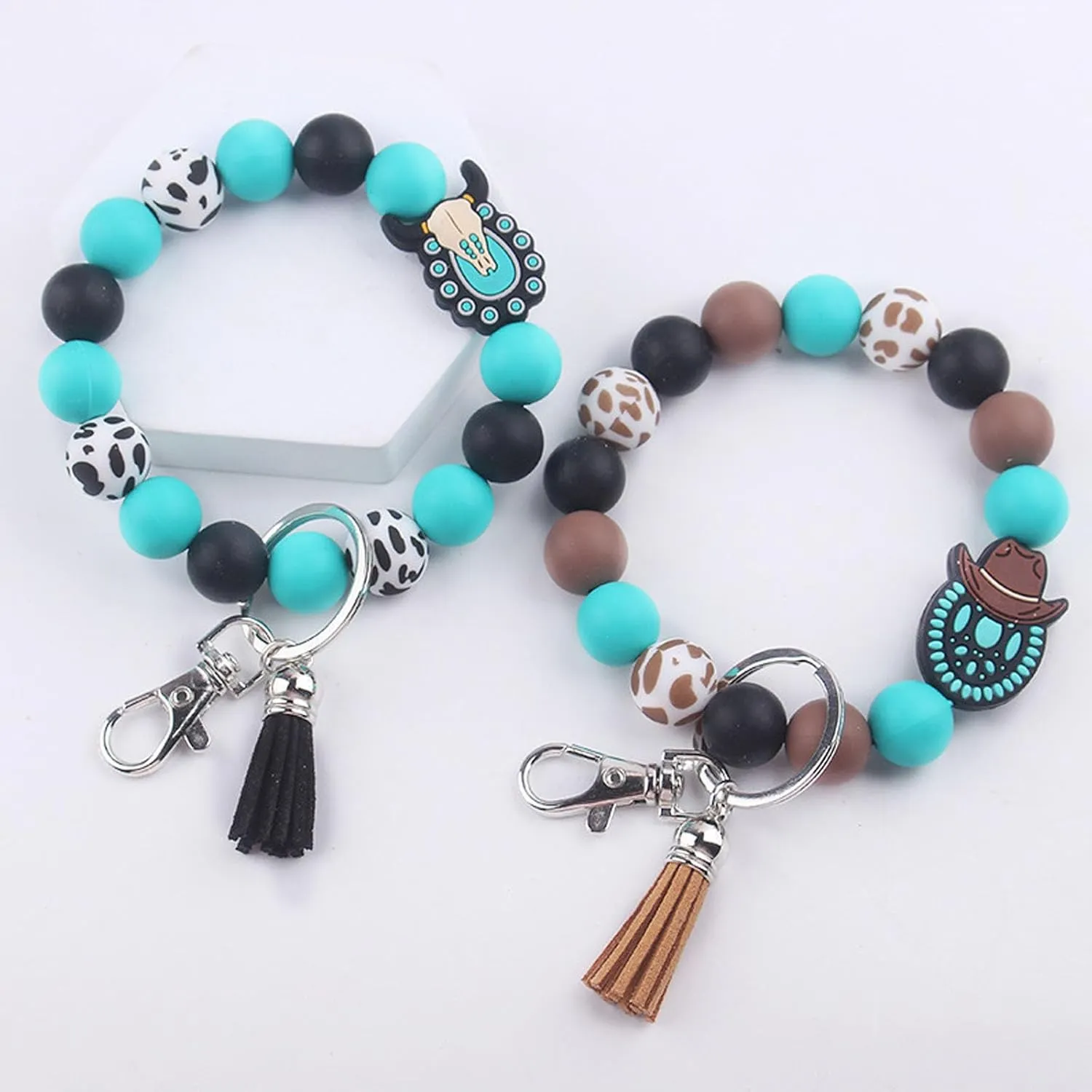 Silicone Beaded Turquoise Bracelet Keychains, Cowboy Bull Key Ring Keychain Wristlet Bangle Car Key Holder for Women