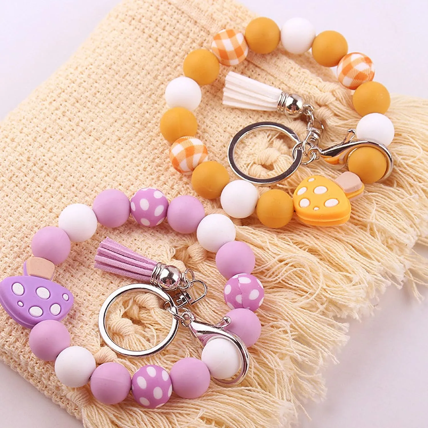 Silicone Beads Mushroom Keychain Wristlet Bracelet,Lanyard ID Badge Holder,Key Chain Bangle Key Rings for Women