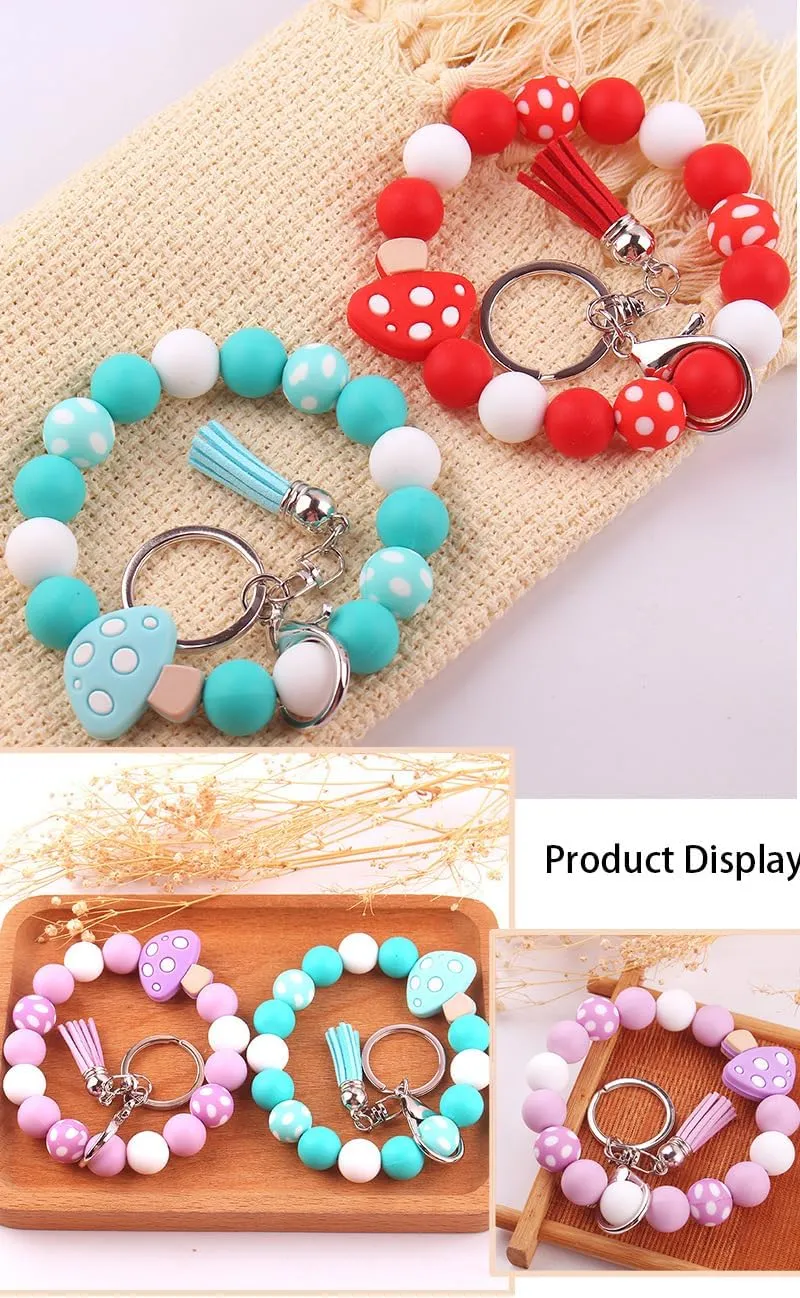 Silicone Beads Mushroom Keychain Wristlet Bracelet,Lanyard ID Badge Holder,Key Chain Bangle Key Rings for Women