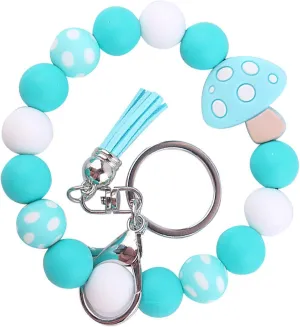 Silicone Beads Mushroom Keychain Wristlet Bracelet,Lanyard ID Badge Holder,Key Chain Bangle Key Rings for Women