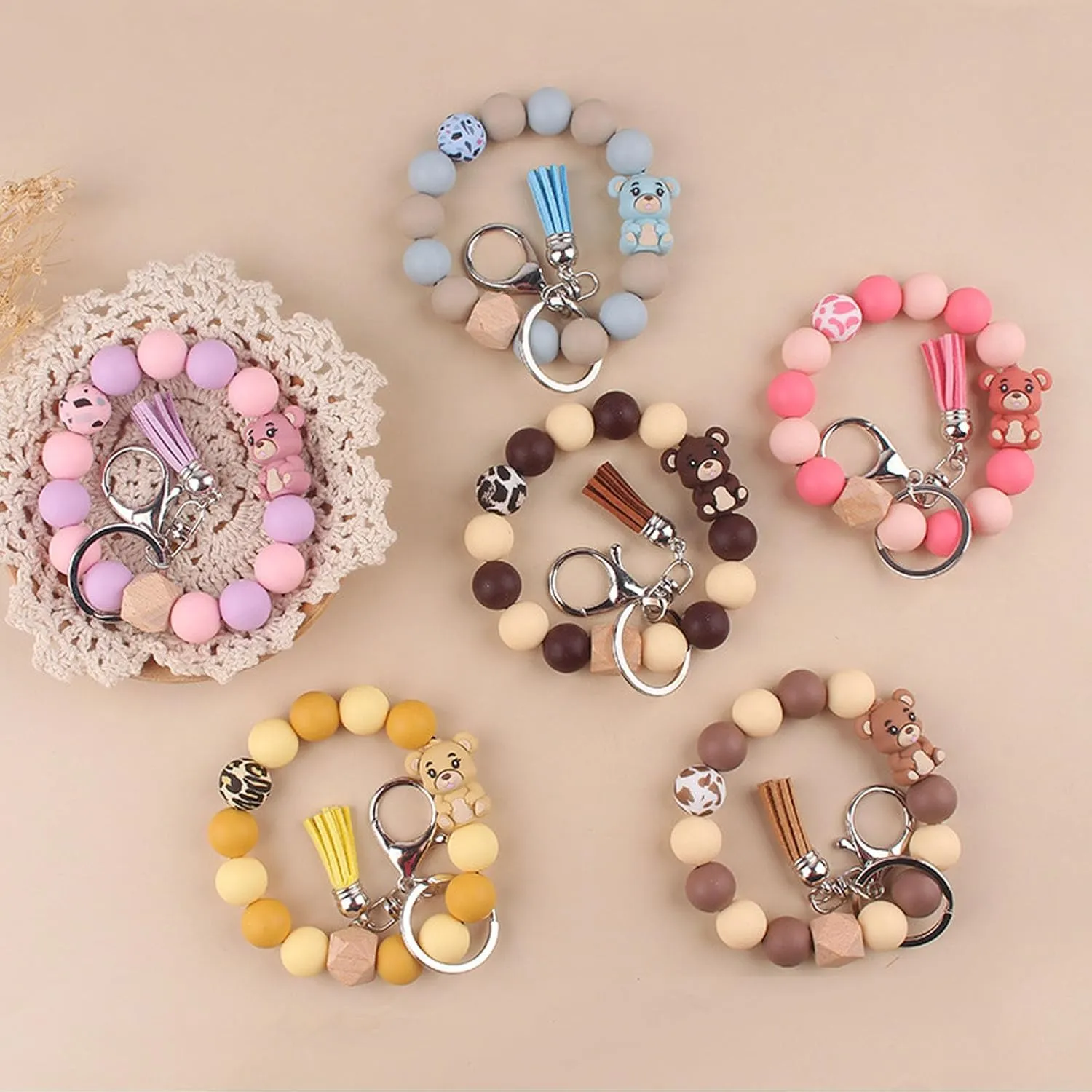 Silicone Bracelet Keychains for Women, Key Ring for Car Keys Holder, Leopard Bear Charms Beaded Wristlet Bracelets