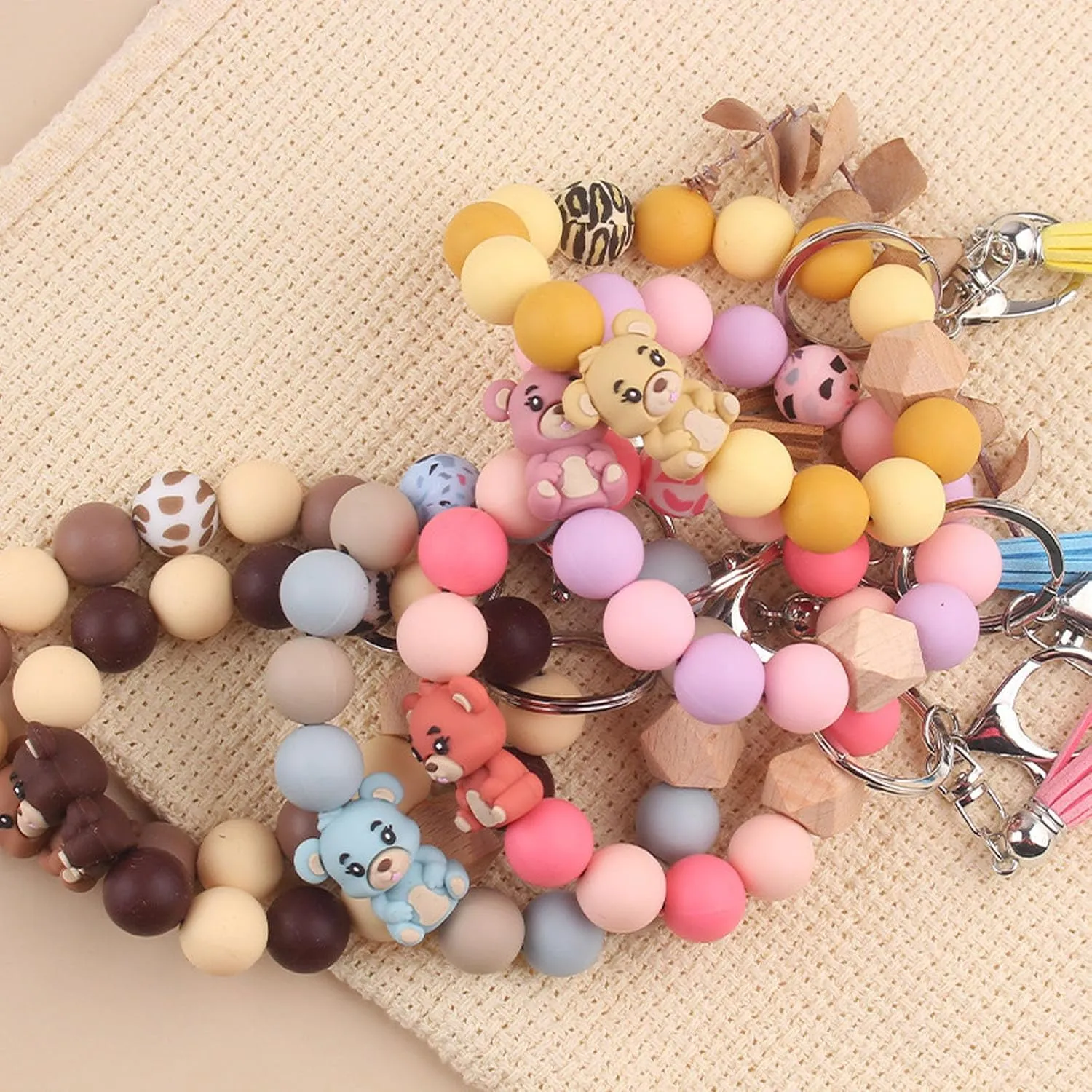 Silicone Bracelet Keychains for Women, Key Ring for Car Keys Holder, Leopard Bear Charms Beaded Wristlet Bracelets