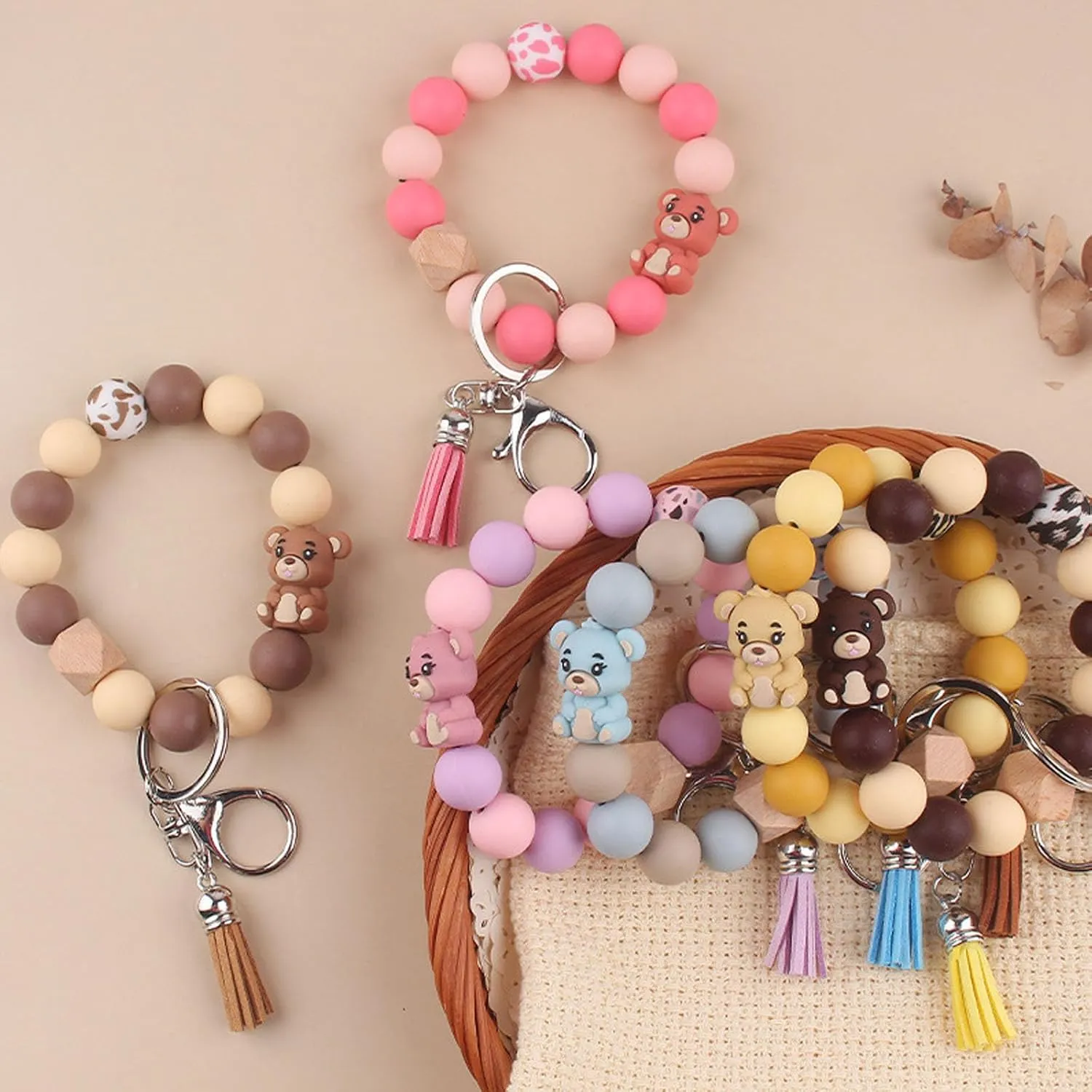 Silicone Bracelet Keychains for Women, Key Ring for Car Keys Holder, Leopard Bear Charms Beaded Wristlet Bracelets