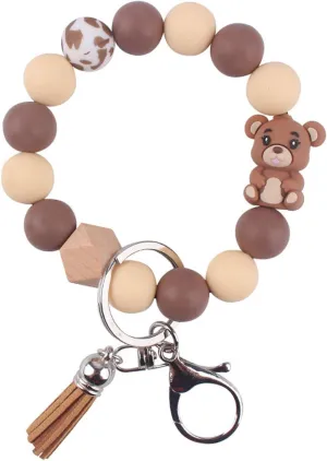 Silicone Bracelet Keychains for Women, Key Ring for Car Keys Holder, Leopard Bear Charms Beaded Wristlet Bracelets
