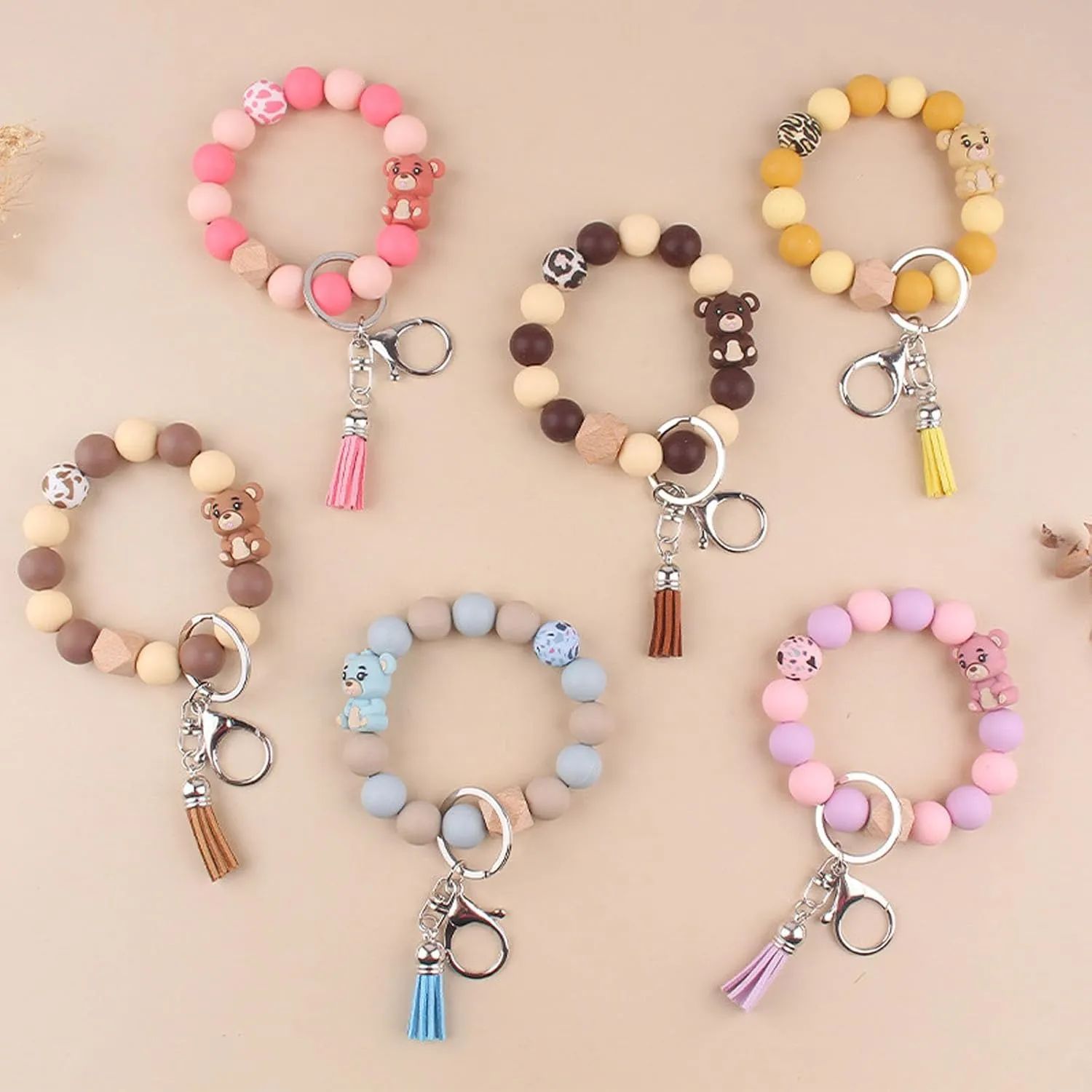 Silicone Bracelet Keychains for Women, Key Ring for Car Keys Holder, Leopard Bear Charms Beaded Wristlet Bracelets