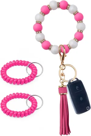 Silicone Key Ring Bracelet for Women,Keychain Wristlet,Key Chain ,Silicone Beaded Bangle Chains,Pink key Chain for Car Keys Women Tassel Keychain,Key Chains Women Wristlet Bracelet,,Key