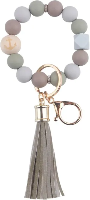 Silicone Key Ring Bracelet Wristlet Keychain Wood Beaded Bracelet with Leather Tassel Bangle Key Chains for Women