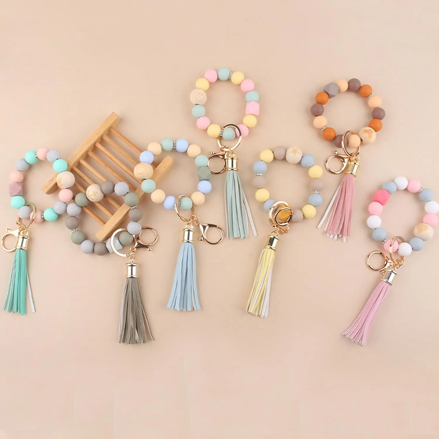 Silicone Key Ring Bracelet Wristlet Keychain Wood Beaded Bracelet with Leather Tassel Bangle Key Chains for Women