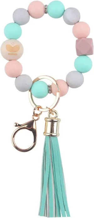 Silicone Key Ring Bracelet Wristlet Keychain Wood Beaded Bracelet with Leather Tassel Bangle Key Chains for Women
