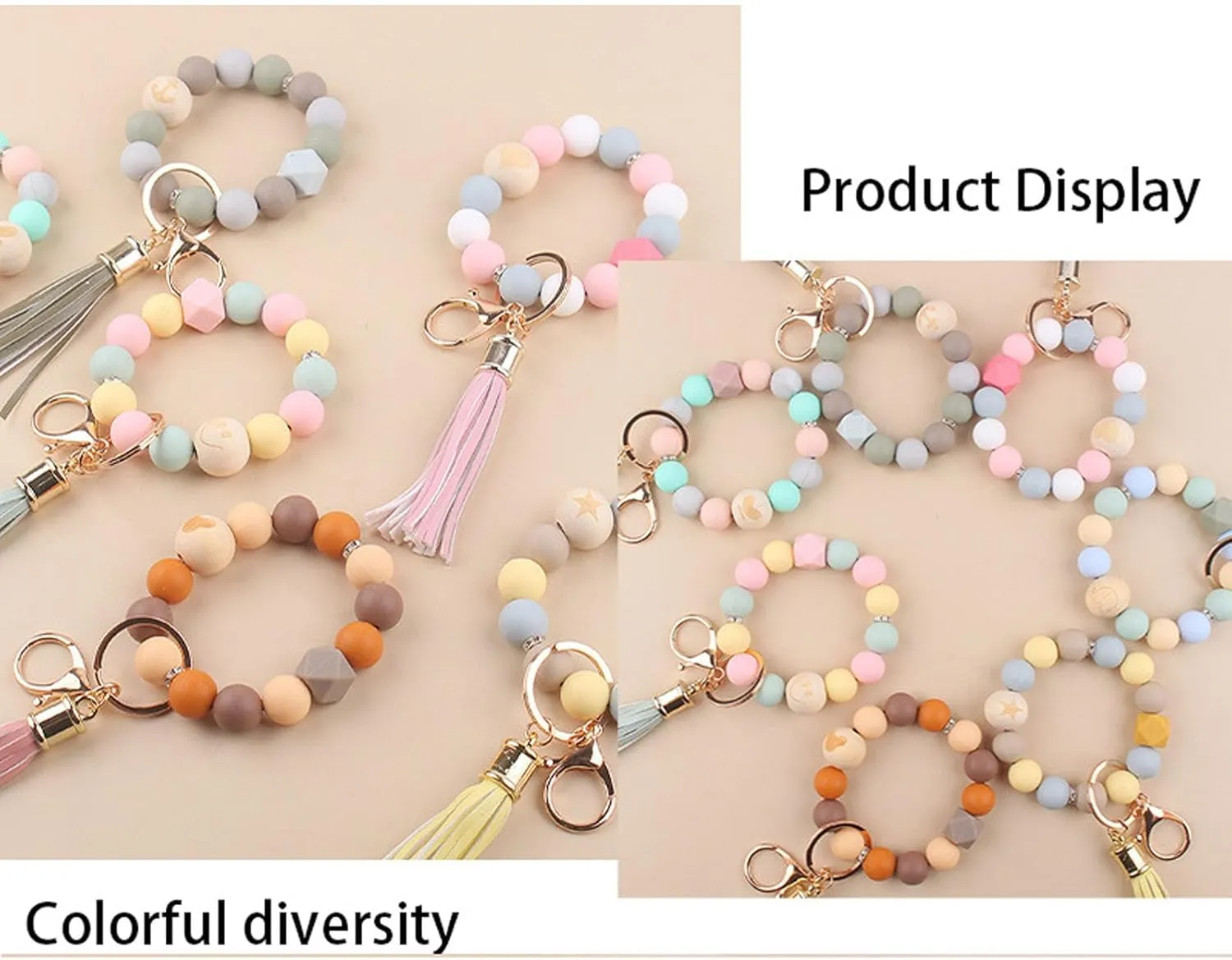 Silicone Key Ring Bracelet Wristlet Keychain Wood Beaded Bracelet with Leather Tassel Bangle Key Chains for Women