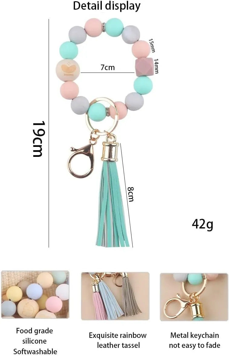 Silicone Key Ring Bracelet Wristlet Keychain Wood Beaded Bracelet with Leather Tassel Bangle Key Chains for Women