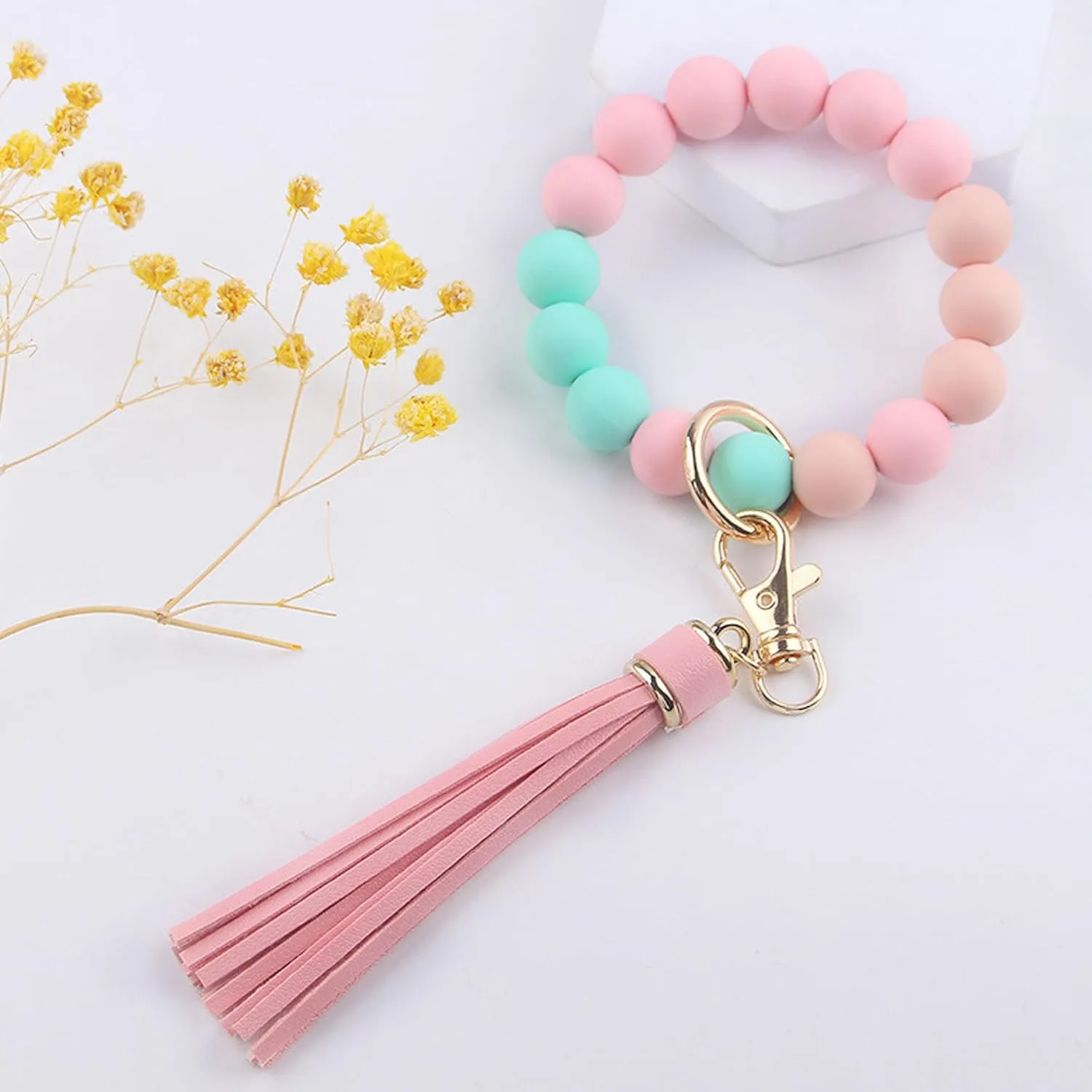 Silicone Keychain Beaded Bracelets Wristlet Women,Key Rings with Leather PU Tassel,Bangles Key Chain Holders