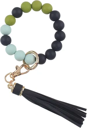 Silicone Keychain Beaded Bracelets Wristlet Women,Key Rings with Leather PU Tassel,Bangles Key Chain Holders