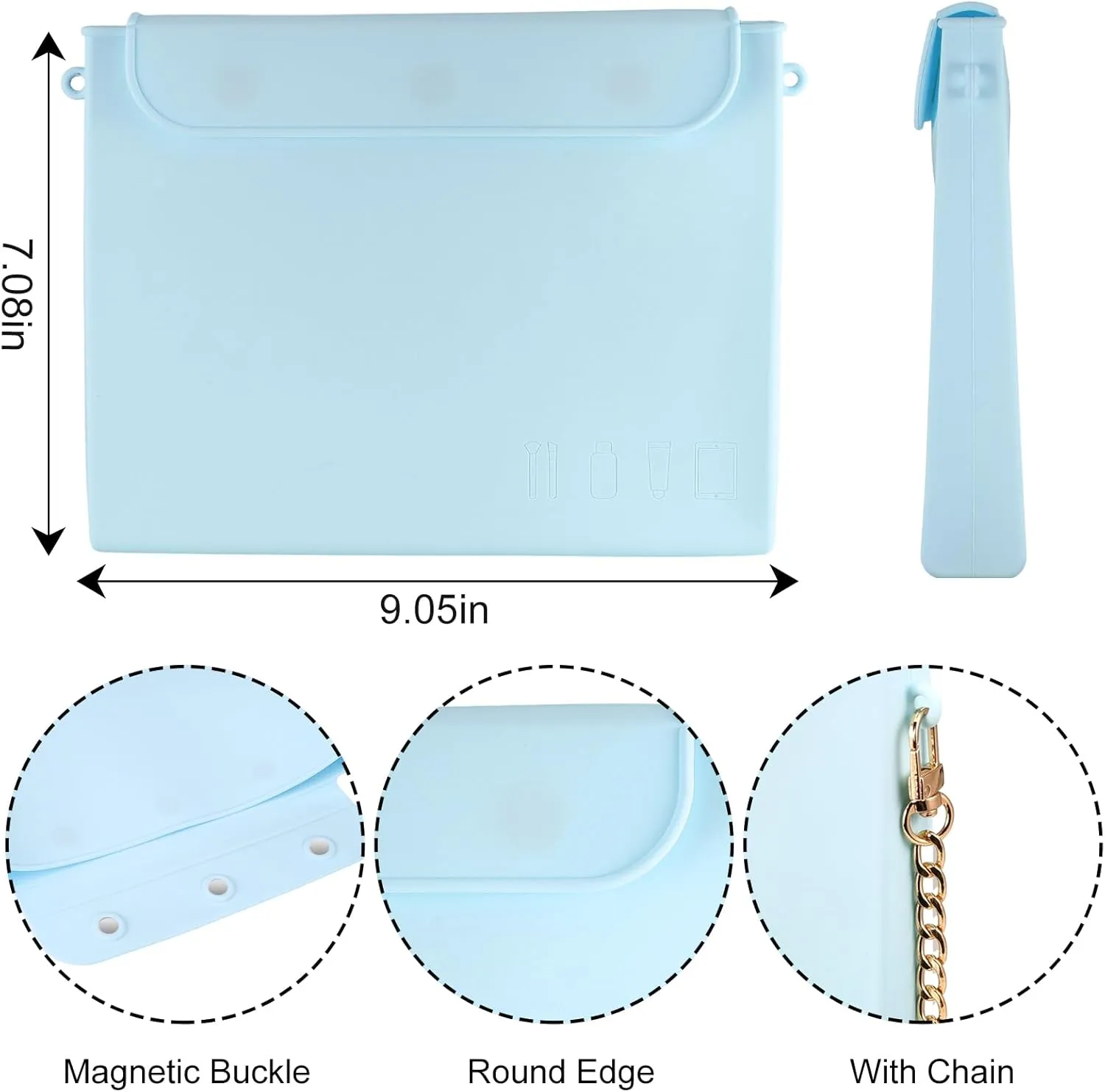 Silicone Makeup Bag, Travel Cosmetic Bag for Women with Chain, Slim Toiletry Bag for Traveling, Easy Carry Makeup Bag for Beauty Tools, and Brushes, Birthday Gifts for Girls-Light Blue