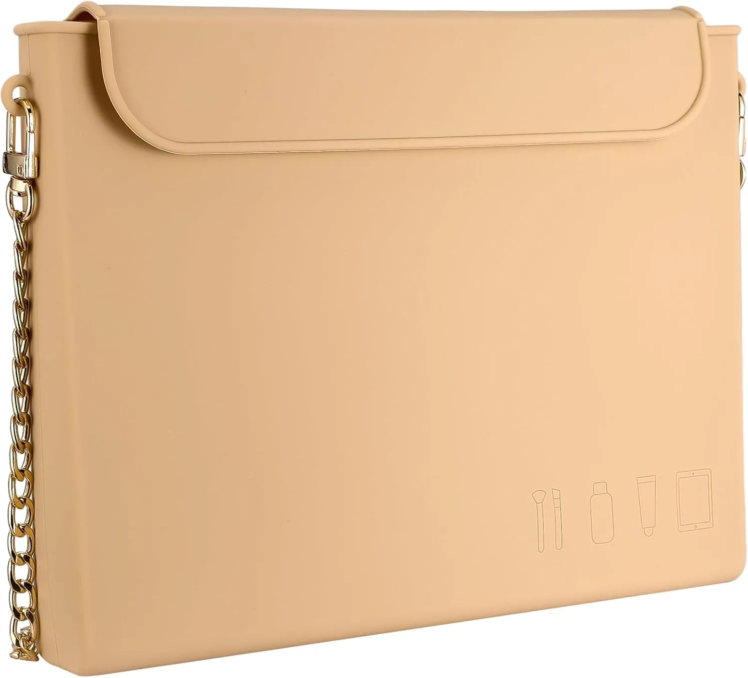 Silicone Makeup Bag with Chain, Cosmetic Bag Slim Toiletry Bag for Traveling, Anti-wrinkle Silicone Travel Bag, Easy Carry Cosmetic Bag for Beauty Tools, Birthday Gifts for Her-Khaki