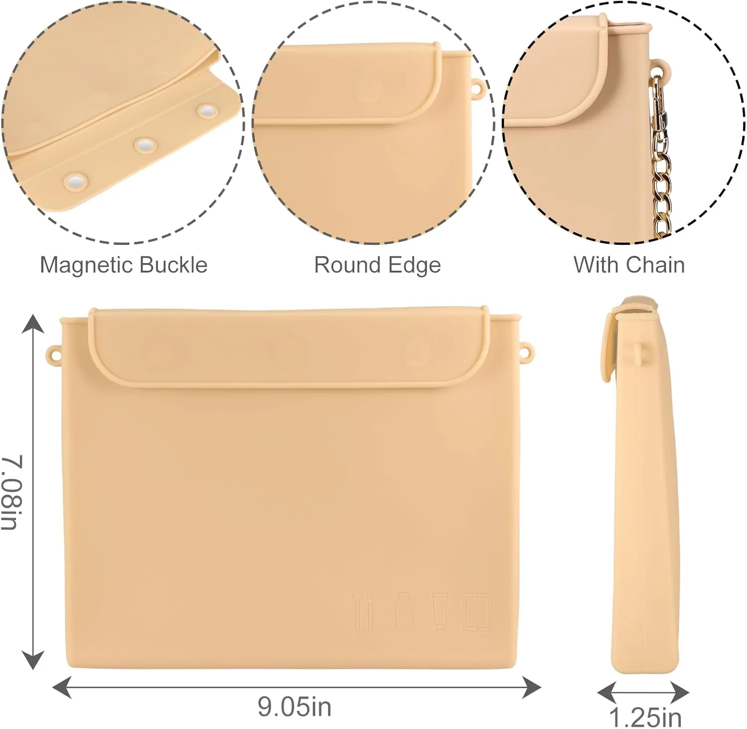 Silicone Makeup Bag with Chain, Cosmetic Bag Slim Toiletry Bag for Traveling, Anti-wrinkle Silicone Travel Bag, Easy Carry Cosmetic Bag for Beauty Tools, Birthday Gifts for Her-Khaki