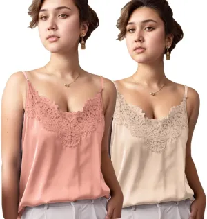 Silk Camisole Tops for Women, Sexy V-Neck Silk Satin Tank Tops Lace Trimmed Camisole